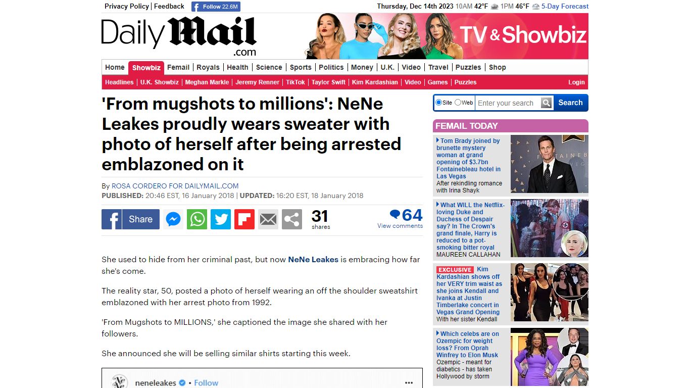NeNe Leakes wears sweater with her mugshot on it - Mail Online